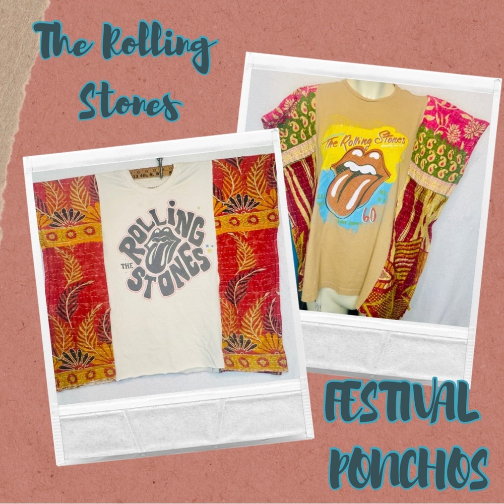 Rolling Stones Graphic T-Shirt Festival Poncho with Kantha sleeves.